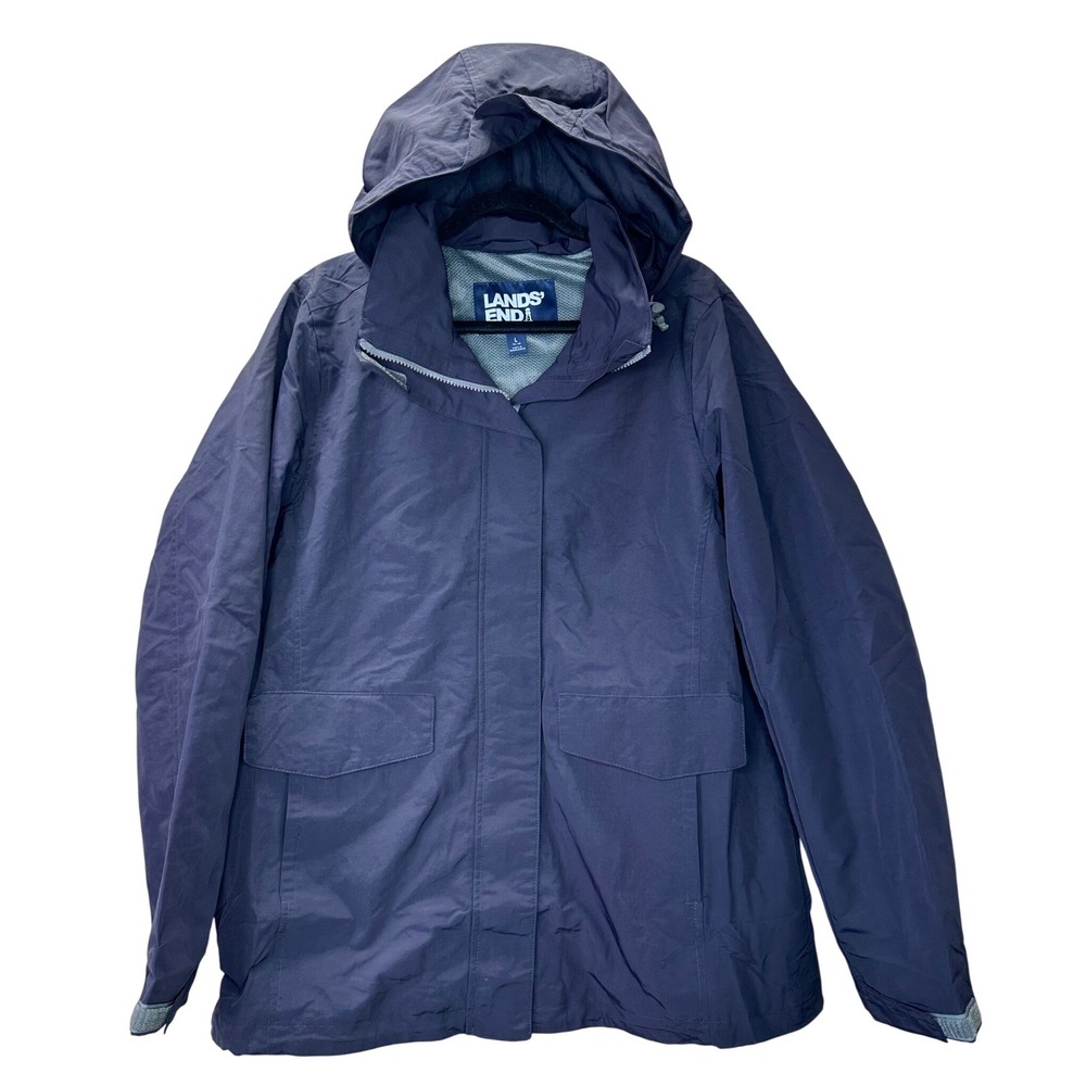 Lands End Women's Navy Blue Hooded Rain Jacket Mesh Lined Size L 14-16 Outdoors‎
